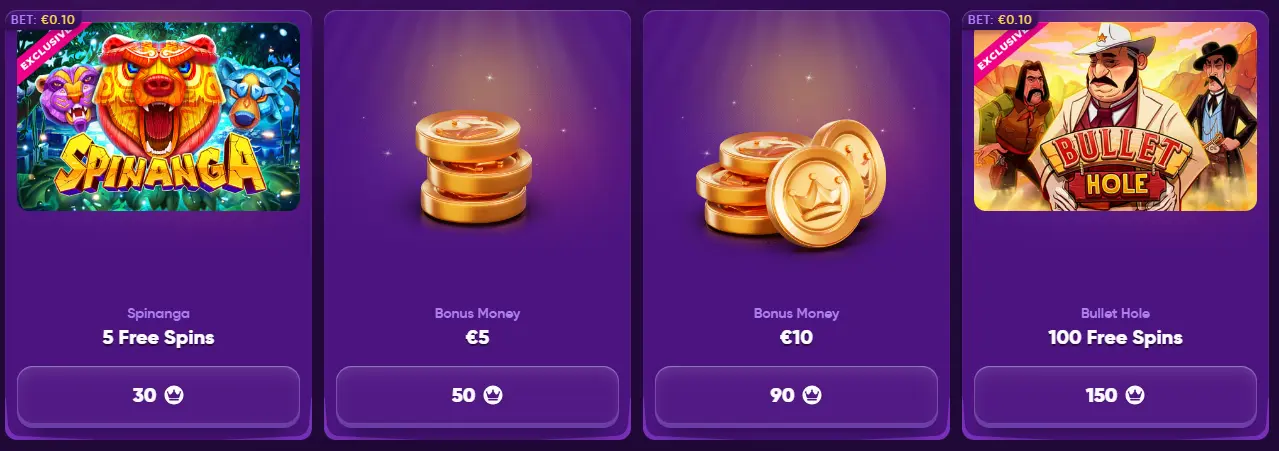 Kingmaker Casino's diverse shopping options showcasing accumulated points with shiny, vibrant coins.