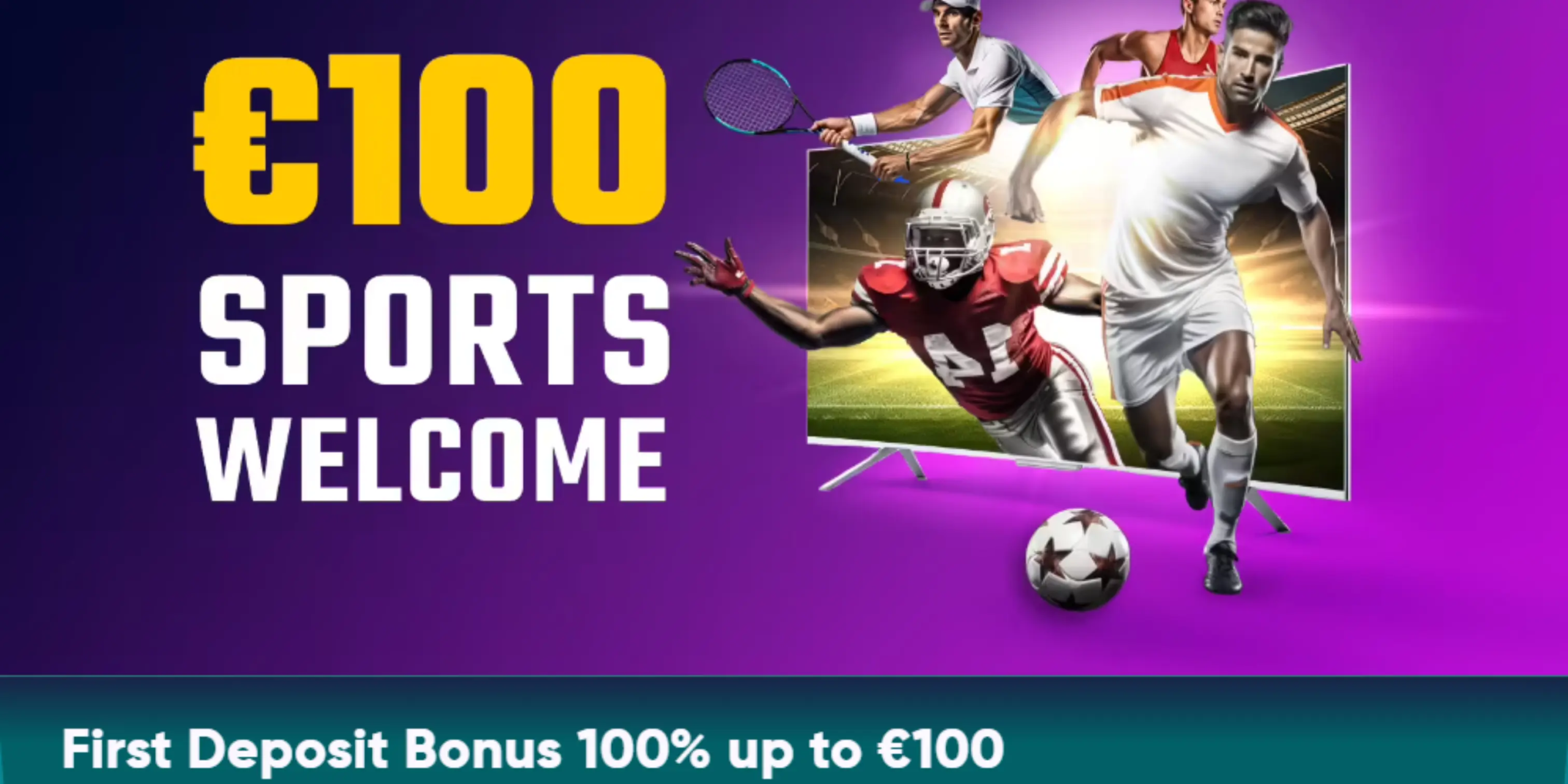 Kingmaker Casino’s sports betting welcome bonus featuring four athletes in vibrant colors and dynamic poses.