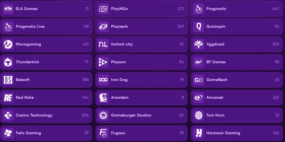 Kingmaker Casino’s providers list displaying corresponding logos and slot numbers.