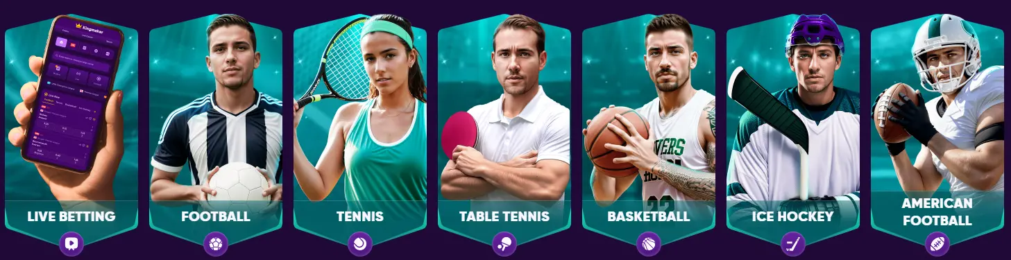 Kingmaker Casino sports betting selection features various sports and players with vibrant colors. 