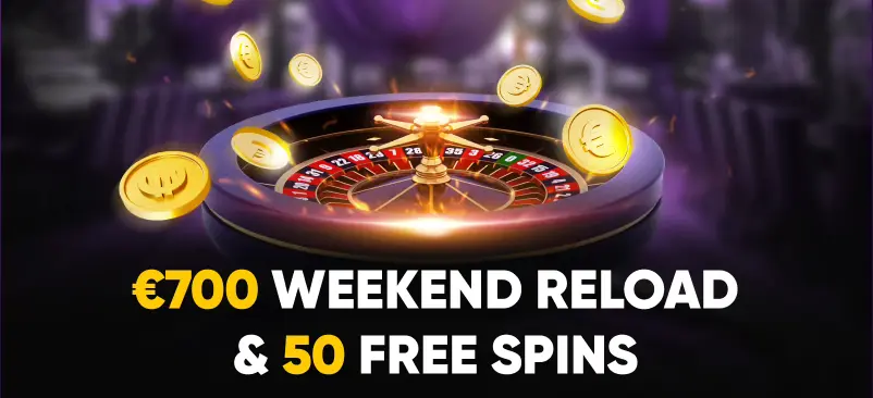 A vibrant roulette wheel with shimmering coins showcases Kingmaker's weekend reload bonus and free spins.