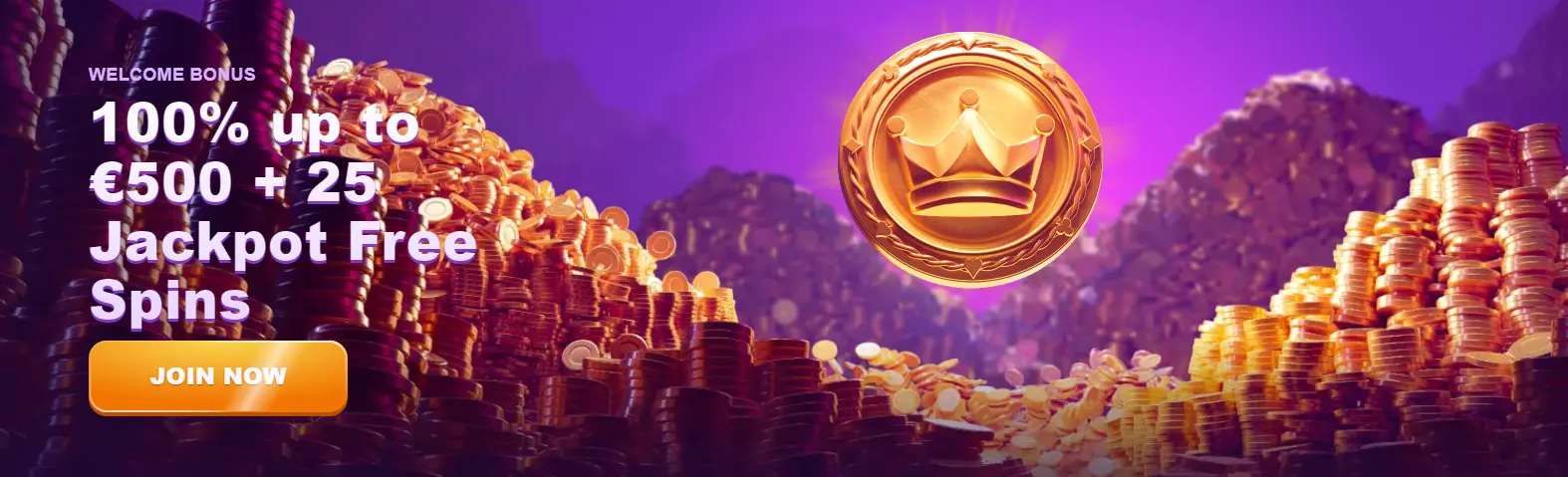 Kingmaker welcome bonus banner with vibrant colors and golden coins surrounding the offer, highlighting a generous deposit match and free spins for new players.