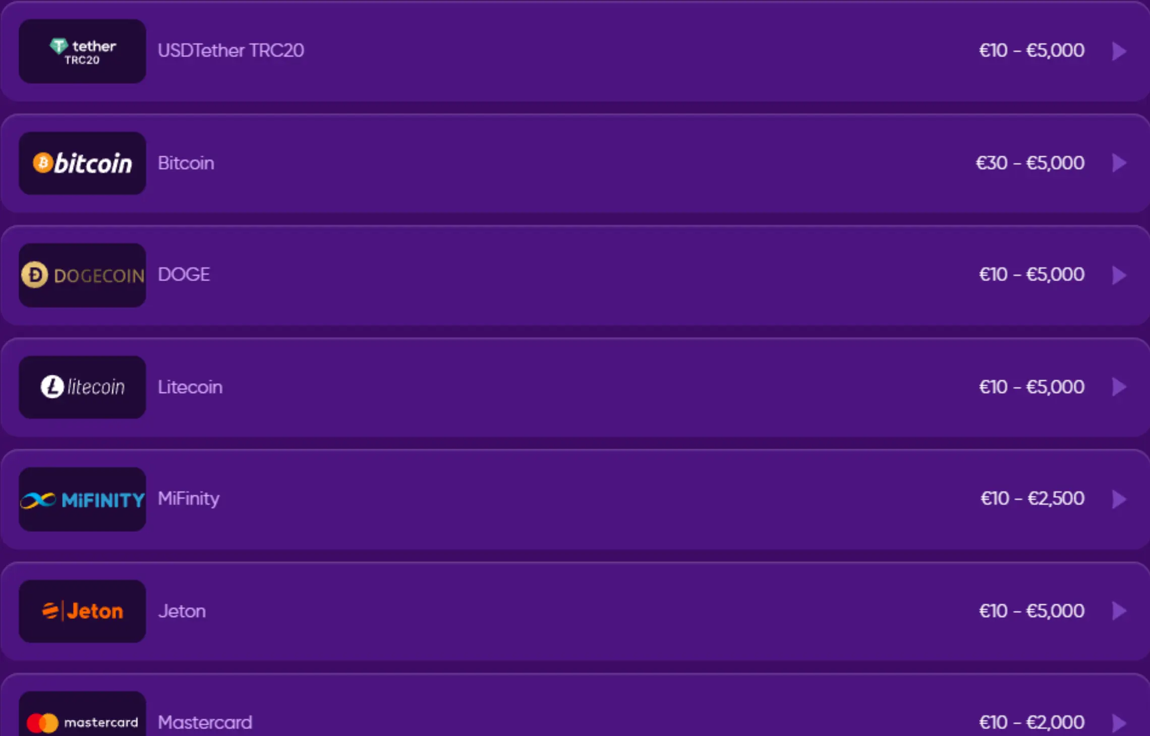 Kingmaker Casino’s payment options list featuring logos and corresponding payment ranges.