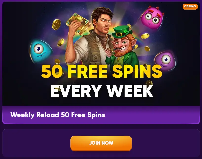 Banner for the weekly 50 free spins offer.