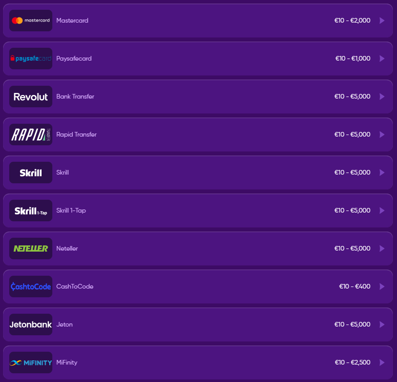 The list of some of the available deposit methods with their limits.