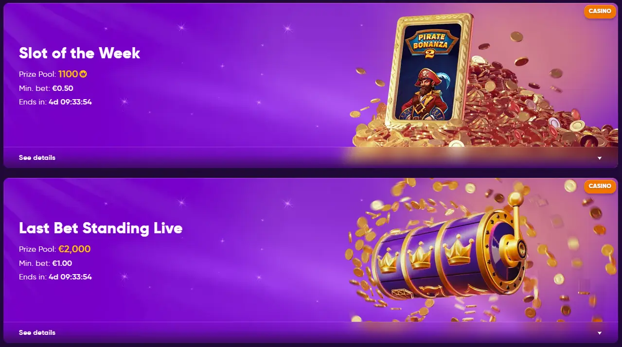 The Kingmaker Casino tournaments page showcasing the active events.