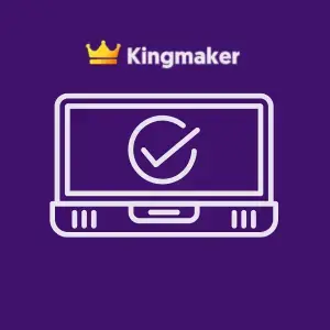 An icon showing a laptop with a check mark in a circle on its screen under the Kingmaker logo.