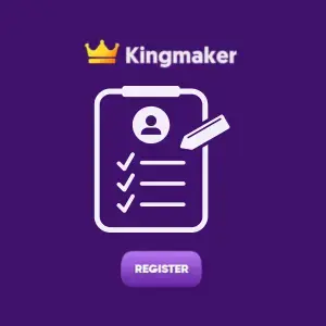 A white icon showing a clipboard with a checklist and a pencil under the Kingmaker logo.