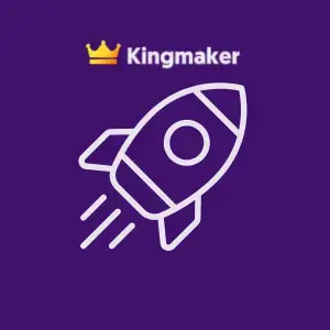 A white icon of a rocket launching into the air under the Kingmaker logo.
